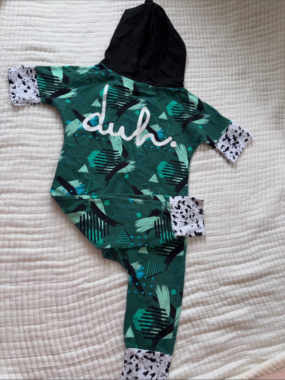 Duh. Green Hooded Kids One-Piece Bodysuit with Graphic Print